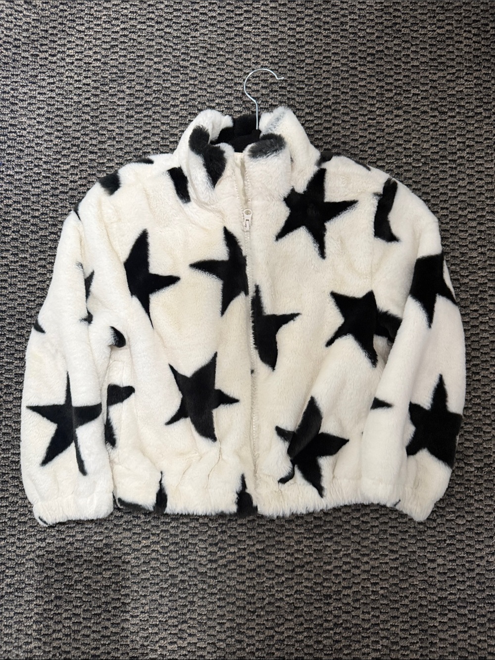 Old Navy White Faux Fur Puffer Jacket with Black Star Print